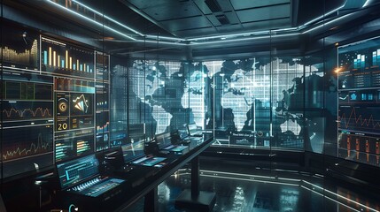 A high-tech office with a focus on multiple screens displaying global data analytics, with graphs and charts visualizing internet-based global business growth.