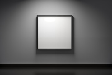 Blank canvas with black frame hang on grey wall with soft light and dark floor art gallery mockup display 3D style