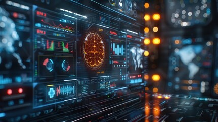 Modern AI health monitoring screen featuring high-tech graphics and ample copy space for inserting healthcare messaging or innovation content