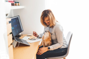 A woman sitting at a desk with a computer, smiling at a small dog on her lap. The workspace is bright and organized, featuring charts on the screen and a notepad on the table.