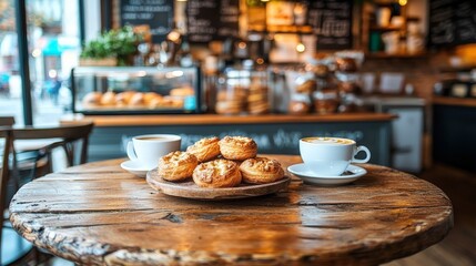 Coffee Break at the Cafe A closeup of a rustic wooden table with a cup of coffee and flaky pastries blurry cafe background