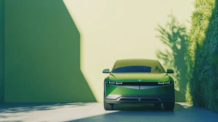 A modern shot of a green electric car parked in front of a simple green background, representing sustainability.