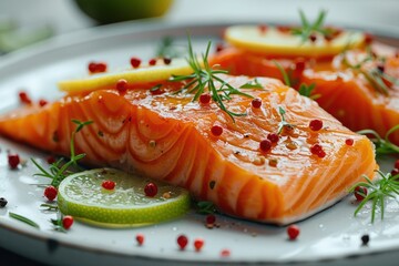 Wall Mural - Freshly prepared salmon fillet garnished with lemon slices and herbs on a plate with colorful peppercorns and lime