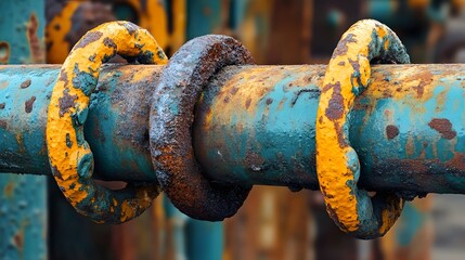 A rusty pipe with yellow and blue paint