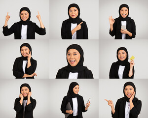 Aufkleber - A confident muslim businesswoman showcases her communication skills through a series of expressive gestures while using various electronic devices.