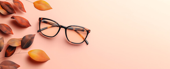 Poster - Fall glasses collection sale concept. Trendy eyeglasses on peach background with autumn leaves. Trendy Fashion accessories. Copy space. Seasonal sale, special offer. Optic store discount banner