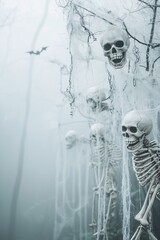 Poster - A fog-filled Halloween garden adorned with skeleton decorations, spider webs hanging from dead trees, and bats flying in the background. The image has enough copy space for text or branding.