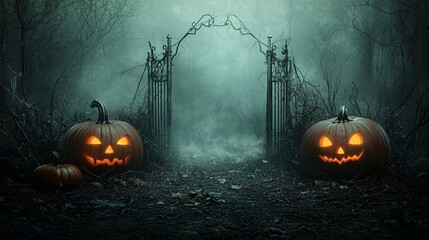 Poster - A haunting garden scene with glowing pumpkins, mysterious mist creeping along the ground, and an old, wrought-iron gate leading to a hidden crypt. The composition allows for plenty of copy space.