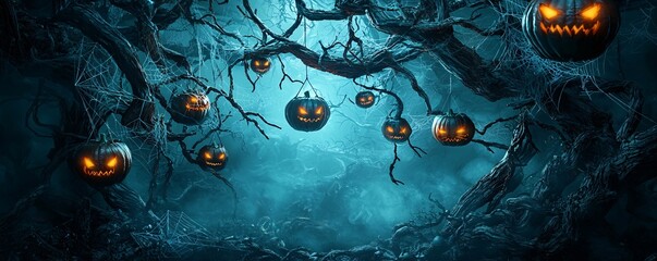 Poster - a halloween-themed garden with twisted tree branches, eerie glowing eyes peering from the darkness, 