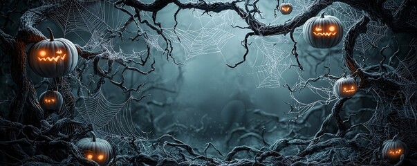 Poster - A Halloween-themed garden with twisted tree branches, eerie glowing eyes peering from the darkness, and spider webs covering everything in sight. Ample copy space is included for messaging.