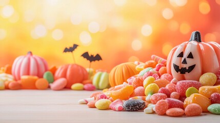 Poster - A vibrant assortment of Halloween candy scattered across a table with spooky decorations in the background, leaving ample copy space for text or design.