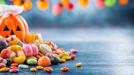 Poster - a vibrant assortment of halloween candy scattered across a table with spooky decorations in the back