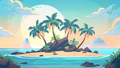 Seaside serenity. Sunny beach. Tropical landscape with palm trees. Tropical island escape a hidden paradise. Cartoon 2d game illustration background.