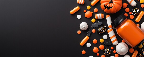 Poster - A minimalist black-and-orange themed Halloween candy layout with pumpkins and bats, featuring a clean design with large copy space at the bottom.