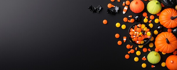 Poster - a minimalist black-and-orange themed halloween candy layout with pumpkins and bats, featuring a clea