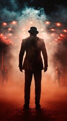 Poster - a sinister ringmaster stands under flickering lights inside a spooky circus tent, with twisted carni