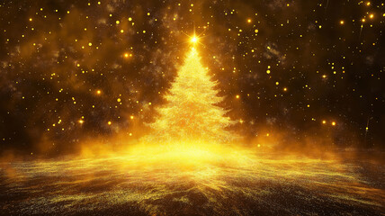 Poster - Elegant Golden Christmas Tree Set in a Mystical Abstract Night Landscape