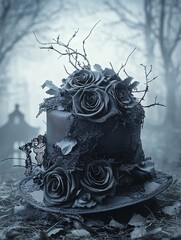 Poster - a detailed shot of a gothic lolita hat with lace and roses, with the silhouette of a spooky hallowee