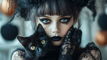 Poster - A dramatic portrait of a Gothic Lolita with dark lipstick and black lace gloves holding a black cat, with subtle Halloween decorations in the blurred background. Copy space is reserved on the left