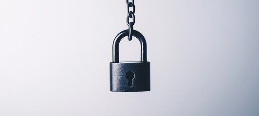 A padlock hanging on a chain against a white background