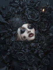 Poster - A dark, moody portrait of a Gothic Lolita figure framed by black roses and lace, with subtle hints of Halloween such as spiders and candles in the background. Copy space is provided on the right side.