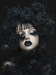 Poster - A dark, moody portrait of a Gothic Lolita figure framed by black roses and lace, with subtle hints of Halloween such as spiders and candles in the background. Copy space is provided on the right side.