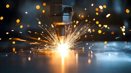 Wall Mural - A metal cutting machine is in the foreground with sparks flying out of it. Concept of power and energy, as well as the potential danger of working with such equipment