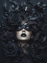 Poster - A dark, moody portrait of a Gothic Lolita figure framed by black roses and lace, with subtle hints of Halloween such as spiders and candles in the background. Copy space is provided on the right side.