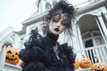 Poster - A Gothic Lolita model with dark eye makeup and flowing curls poses in front of an old Victorian mansion, with jack-o-lanterns lining the steps. The twilight sky offers generous copy space for text.