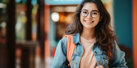 Wall Mural - A young Asian student, wearing glasses and a denim jacket, holds a laptop with a backpack, smiling and looking at the camera