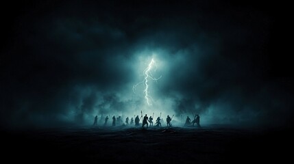 Poster - A dark, misty landscape featuring a blend of Greek and Norse mythology figures, such as Hades and Hel, surrounded by eerie lighting and ancient runes. Ample copy space available for text.