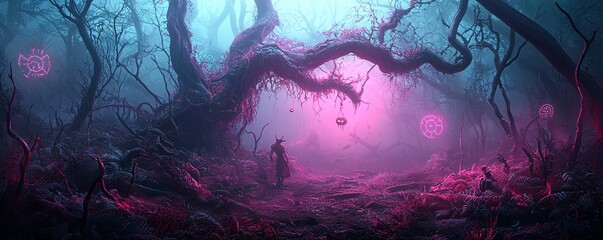 Poster - Norse mythology characters such as Loki and Fenrir in a dimly lit, eerie forest, with glowing symbols and runes adding to the Halloween atmosphere. The background provides significant copy space.