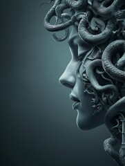 Poster - a haunting scene of medusa surrounded by greek ruins, with her gaze turning unwary adventurers into 