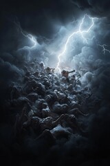 Poster - a stormy, mystical battlefield featuring thor clashing with mythological beasts, with lightning stri