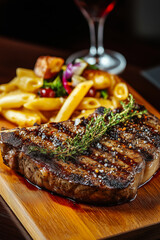 Steaks. Delicious steak served with pasta and potatoes