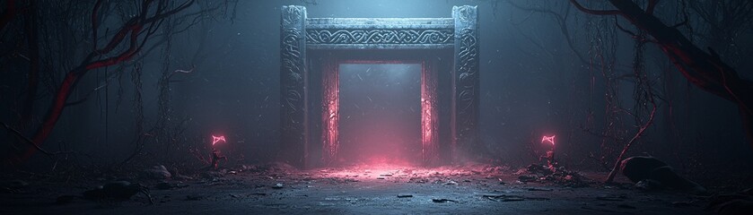 Poster - The gates of the Norse underworld, guarded by Hel, with ominous lighting and ancient symbols. The image offers a spacious design with copy space for Halloween promotions.
