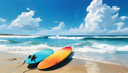 Wall Mural - Vibrant surfboard resting on golden sand beneath an endless azure sky