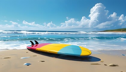 Wall Mural - Vibrant surfboard resting on golden sand beneath an endless azure sky