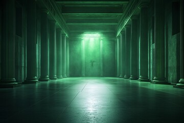 A Greek pantheon illuminated by an eerie green glow, with spirits and mythical creatures like the Minotaur lurking in the shadows. The composition includes significant copy space.