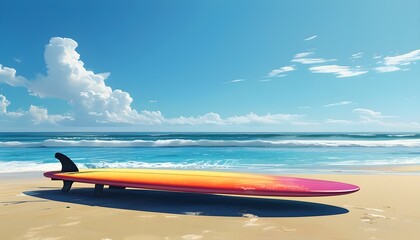 Wall Mural - Vibrant surfboard resting on golden sand beneath an endless azure sky