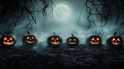 A spooky Halloween garden scene featuring eerie jack-o'-lanterns glowing under twisted tree branches, with fog creeping across the ground and a full moon in the background. The image includes ample