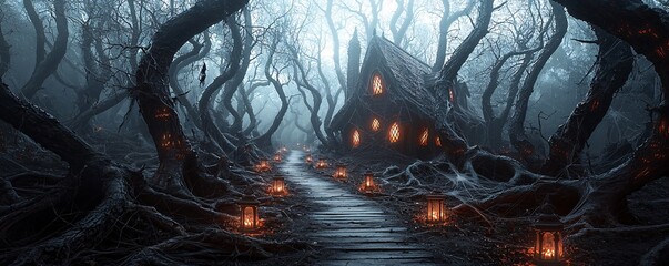 Poster - a halloween garden path lit by dim lanterns, surrounded by dead trees, cobwebs, and eerie shadows ca