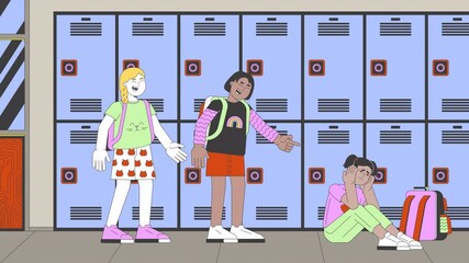 Poster - Evil schoolmates bullying crying girl cartoon animation. Abuse problem in school 4K video 2D motion graphic. Cruel schoolchildren laughing at scared student animated characters on interior background