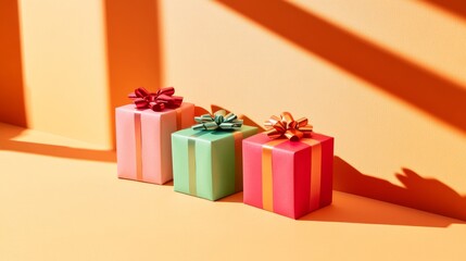 Red green and pink gift boxes on table and orange background