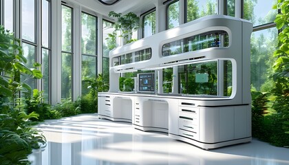 Wall Mural - Futuristic white laboratory with expansive windows showcasing vibrant greenery and advanced AI technology