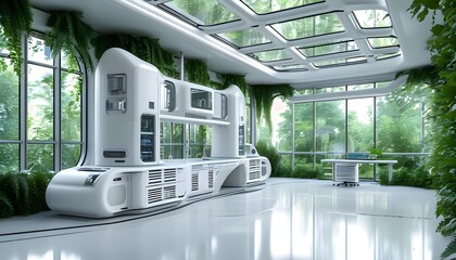 Wall Mural - Futuristic white laboratory with expansive windows showcasing vibrant greenery and advanced AI technology