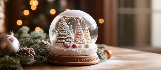 Festive white gingerbread snow globes on a wooden table during Christmas celebrations