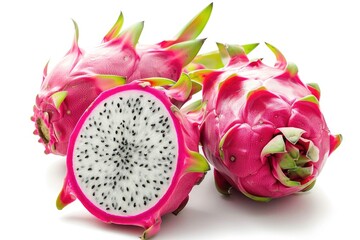 Wall Mural - Close-up of a dragon fruit cut in half with seeds and pulp visible