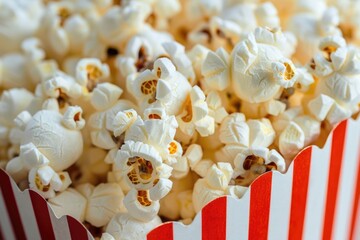 A red and white striped bowl filled with freshly popped popcorn, perfect for movie nights or parties