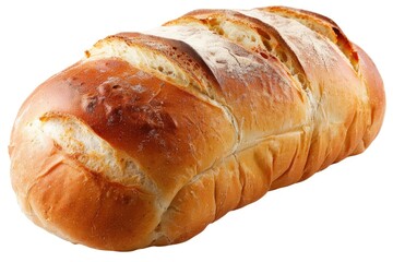 A close-up view of a loaf of bread on a white background, perfect for food or kitchen-themed designs